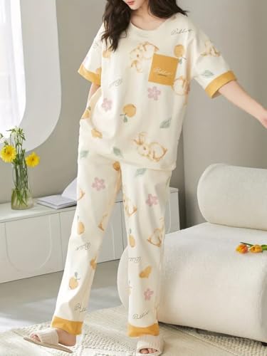 Image of GLASGO Women's Cotton Pajama Set with Top & Pants|| Korean Night Wear|| Loose Fit Home Wear || Lightweight Printed Set || Soft & Comfy Sleepwear for Girls & Women || LNS-4-$