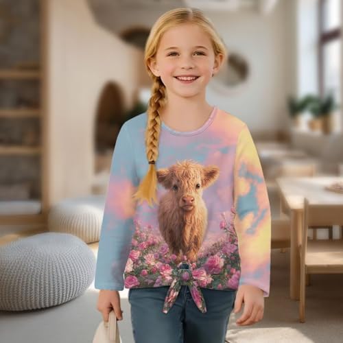 Girls Long Sleeve T-Shirt Casual Tie Hem Tee Tops Graphic Girls Crewneck Tee Soft Kids Clothes Fall4