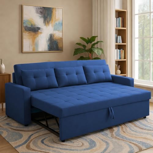 Image of Emilio 3 Seater Pull-Out Sofa Cum Bed (Blue Color) Premium Fabric Sofa Set for Living Room | Bedroom