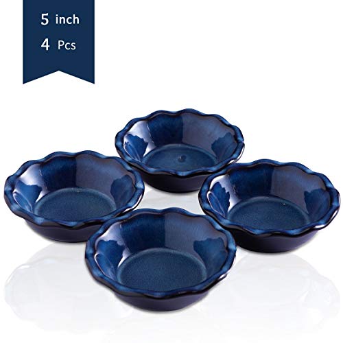 Porcelain Individual Mini Pie Pans With Ruffled Edge, 5 inch Quiche Cake Tart Pan Round Baking Dish, Set of 4, Reactive Glaze Nebula Blue -Jemirry