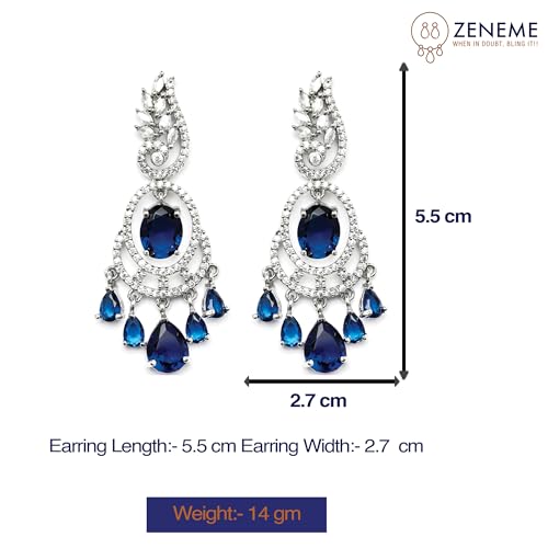 Image of ZENEME Rhodium-Plated American Diamond Studded Oval & Leaf Shaped Drop Earrings For Girls and Women