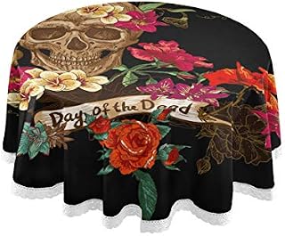 Mnsruu 60 Inch Round Floral Sugar Skull Day of the Dead Tablecloth Table Cloth Cover Decorative Lace Macrame for Buffet Table, Party, Holiday Dinner