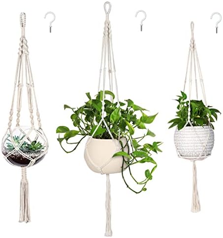 MIPON 3 Pack Macrame Plant Hanger Indoor Hanging Planter for Plants Holder with 3 Hooks, Different Size for Boho Home Decor,Ivory