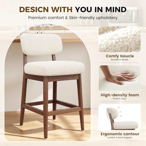 Image of Counter Height Solid Wood Bar Stools Set of 2, Fluffy Boucle Bar Chairs with Thick Cushion, Mid-Century Modern Upholstered Stools with Backrest for Kitchen Island, Home Bar, White