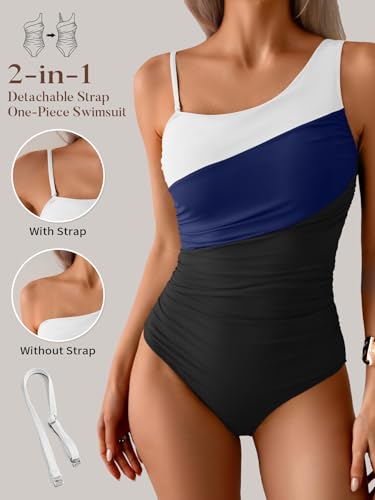 Image of Aidonger One Shoulder One Piece Swimsuit for Women Tummy Control Bathing Suits Color Block Ruched Swim Suit Slimming Swimwear
