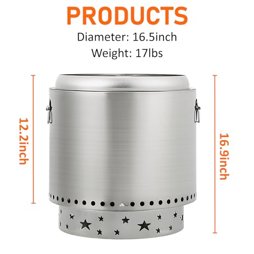 16.5inch Protable Smokeless Fire Pit, Fire Pit with Handles Design, Stainless Steel Stove Wood Burning, Removable Ash Pan, Ideal for Camping, Garden