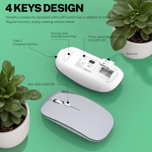 Wireless Keyboard and Mouse, Compact Multi-Device Bluetooth Keyboard and Mouse Combo, Silent Adjustable 2400 DPI, 2.4G+Bluetooth Computer Keyboards for Laptops Mac PC, Chrome OS, Travel (Silver White) - Image 6