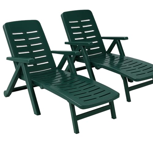 KURIL Pack 2 Tumbonas Plegables con Ruedas – 72x189x96 cm – Polipropileno – Respaldo Multiposición – Exterior Jardín y Piscina (Verde)