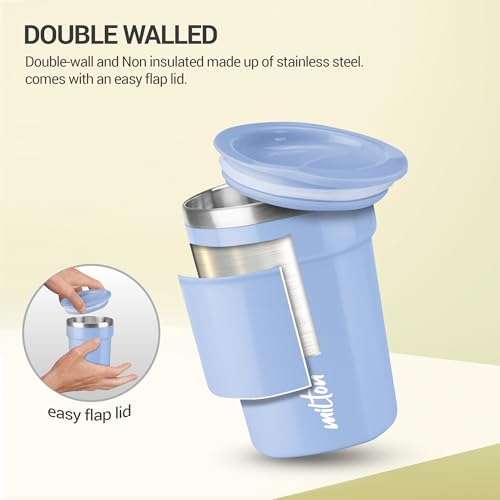 Image of MILTON Cool Touch Deccan Coffee Mug 350 Double Walled 330 ml Inner Stainless Steel Tea Mug with Lid, Coffee Mug Travel Tea Cup, Black Coffee, Tea Cup Single, Blue