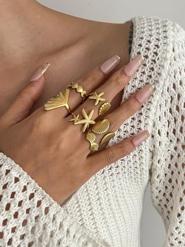 6PCS Chunky Gold Starfish Shell Rings for Women Trendy Dainty Summer Beach Stackable Stainless Steel Ring Surfer Fashion Statement Beachy Boho Jewelry Gifts4
