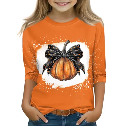 Girls' Halloween Pumpkin Ghost Shirt 3/4 Sleeve Crewneck Cute Graphic Tee Soft Fall Tops for Kids
