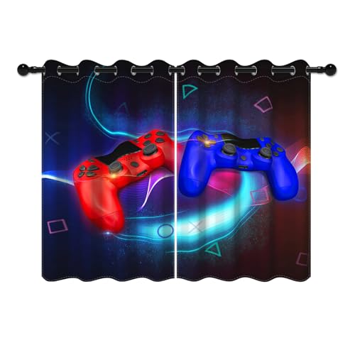 YONGFOTO 117x138cm Rideaux Gamer pour Chambre Garçons, Manette Fluorescente De Jeu Vidéo, Rideaux Occultants avec Œillets pour Chambre Enfants, 2 Panneaux