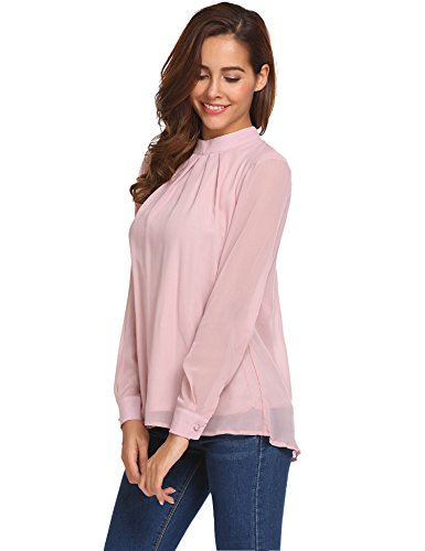 SoTeer Chiffon Blouse Women Loose Casual Long Sleeve Tops Layered Dress Shirts Pink