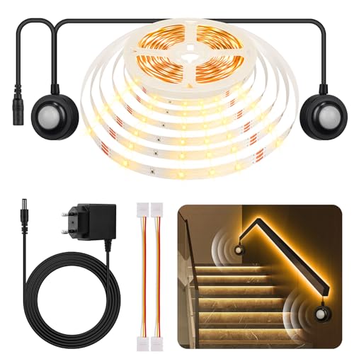 HOUHUI LED Strip Bewegungsmelder 5m,Dual Control LED Bettlicht mit PIR Bewegungssensor,Bewegungsaktivierte Warmweiß LED Streifen für Nachttisch,Treppe,Schrank,Flur,Schlafzimmer