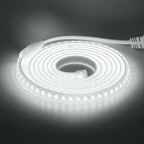HEGEHE Ruban LED, Lumière au LED IP65 étanche 220V Bandeau flexible Ruban LED Light Strip pour Escalier, Chambre, Cuisine Intérieur/Extérieur (Blanc, 10M)
