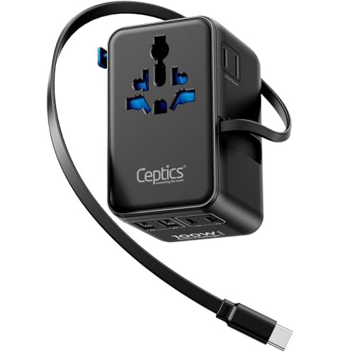 Ceptics-GAN-100W-Universal-Travel-Adapter-with-Retractable-USB-C-Cable-2X-USB-A-C-Universal-Input-and-1x-USAJP-Input-7-in-1-Universal-Adapter-for-Worldwide-Travel-Type-A-C-G-I-Output Ceptics GAN 100W Universal Travel Adapter with Retractable USB-C Cable, 2X USB-A & C, Universal Input and 1x USA/JP Input, 7 in 1 Universal Adapter for Worldwide Travel - Type A, C, G, I Output - Image 1