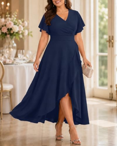 Image of Pinup Fashion Plus Size Formal Wedding Guest Cocktail High Low Long Dress | Elegant wrap v-neck, flutter sleeves, empire waist, hi-lo split ruffle hem, evening, mother of bride /groom, easter