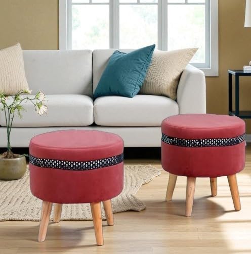 Image of Ottoman Stool for Living Room Foot Rest | Velvet Small Ottoman Foot Stool | Solid Wood Legs | Footstool Puffy for Home, Bedroom & Makeup Table | 16x16x18 Inch, Set of 2 (Star Gajri)