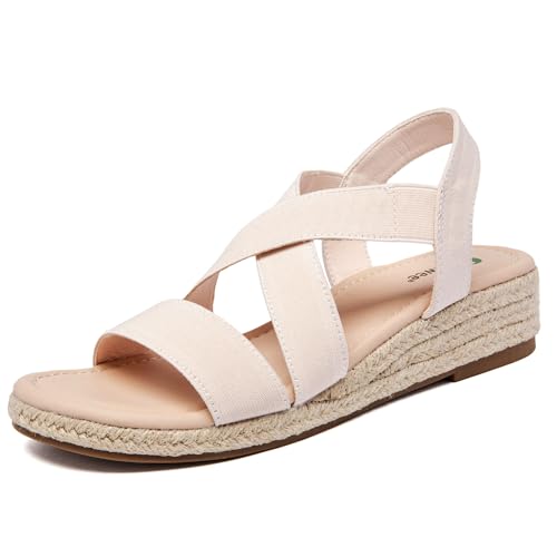 Ataiwee Sandales compensées à plateforme pour femmes,Sandales compensées espadrilles d'été décontractées avec bride de cheville élastique et bout ouvert,Amande,42 EU,2507003