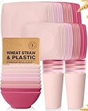 Teivio 32-piece Plastic Wheat Straw Square Dinnerware Set for 8, Unbreakable Dinner Plates, Salad Plates, Snack Bowls, Tumblers 20 oz, Dishwasher Safe, Pink Ombre