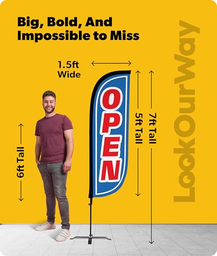 Image of LookOurWay Feather Flag Set - 5ft Tall Advertising Banner Flag with Pole Kit and X-Stand for Business Promotion - Open Blue /Red