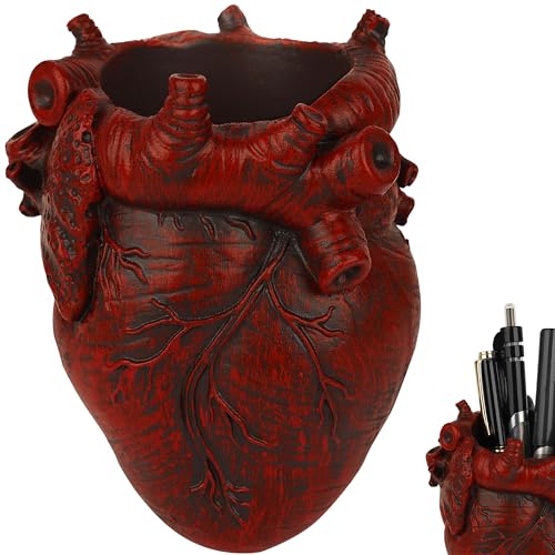 JANKOW Anatomical Heart Pencil Holder, Red Resin Organ-Shaped Pen Cup Desk Organizer, Realistic Human Heart Decor, Stable Base