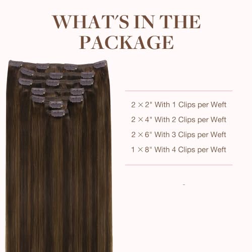 Image of GOO GOO Clip in Hair Extensions Real Human Hair, Remy Human Hair Extensions Clip ins for Women, Natural Human Hair, 14inch 120g 7Pcs, 2C /4E /6C Brown Sugar Swirl Highlights