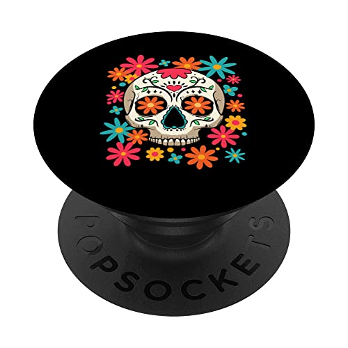 Floral Sugar Skull Dia De Muertos Day of The Dead Hippie PopSockets Swappable PopGrip, Black