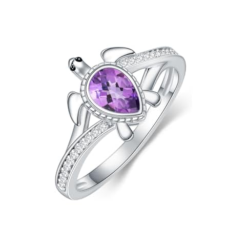 Gnteey Purple Amethyst Turtle Ring 925 Sterling Silver Sea Turtle Amethyst Ring 6X4 mm Pear Amethyst Statement Ring for Women(7) Cover