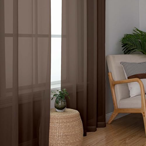 Image of OWENIE Sheer Curtains 63 inch Length 2 Panels Set, Rod Pocket Voile Fimly Sheer Drapes for Living Room /Bedroom, 2pcs, Each 42 inch W x 63 inch L, Chocolate