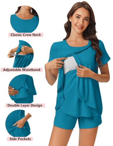 Image of Ekouaer 3 PCS Maternity Nursing Pajamas Set Postpartum Breastfeeding PJS | 3-Piece Set, Including Short Sleeve Shirts, Pregnancy Shorts & Pants, Buttery Soft, Skin-Friendly Feel