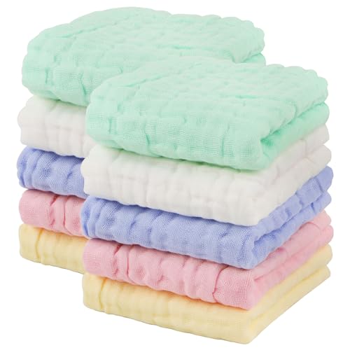 AIDEA Baby Washcloths-10 Pack, Soft Muslin Baby Towels, 100% Cotton Baby Bath Face Towels, Super Absorbent Burp Cloths for Newborn Essentials, 10″x10″