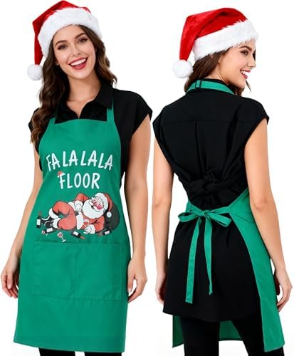 Tipsy Santa Christmas Apron for Men & Women with Pockets, Funny Chef Costume Apron for Cooking, Baking, Kitchen Gift for Husband & Wife (Green, 1 Pack)