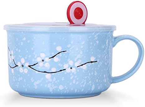 VanEnjoy 30oz Ceramic Bowl Set with Lid & Handle,Cherry Blossoms Among Snow Flake Pattern,Microwave for Instant Noodle Sara, Cereal Bowl (Blue)