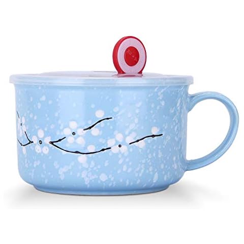 VanEnjoy 30oz Ceramic Bowl Set with Lid & Handle,Cherry Blossoms Among Snow Flake Pattern,Microwave for Instant Noodle Sara, Cereal Bowl (Blue) Cover