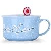 VanEnjoy 30oz Ceramic Bowl Set with Lid & Handle,Cherry Blossoms Among Snow Flake Pattern,Microwave for Instant Noodle Sara, Cereal Bowl (Blue)