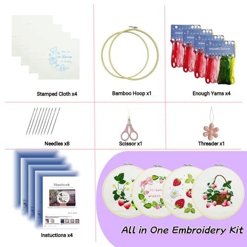 Image of Speedura 4-Set Embroidery Kit for Beginners - Easy Needlepoint Starter Kit for Adults to Learn Hand Embroidery with Stamped Designs, Cross Stitch Patterns, and Fun DIY Projects (Sweet Strawberry)