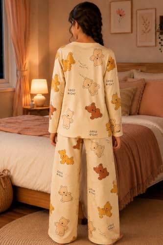 Image of TotzTouch Girls Printed Pyjama Set | Full Sleeve Top with Wide Leg Pyjama Pants | Stylish Cotton Co-Ord Nightwear Set for Kids