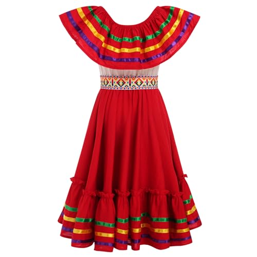 IKADEX Girls Traditional Mexican Dress Off Shoulder Striped Cinco de Mayo Party Dresses with Belt4