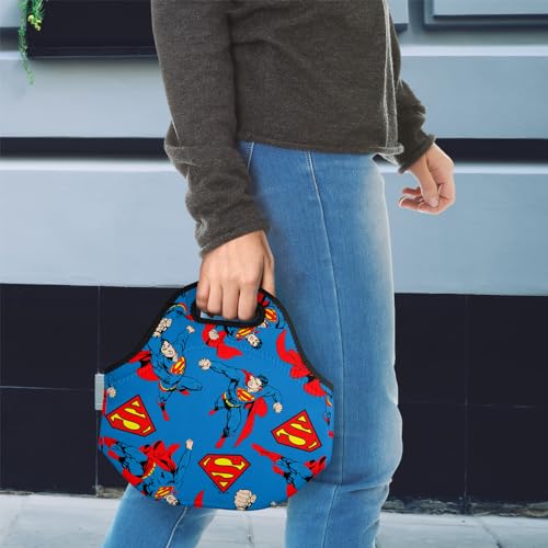 Popfunk Superman Flying Repeat Pattern Soft Neoprene Lunch Bag, Lightweight, Insulated, Reusable for School, Work, Office, OS