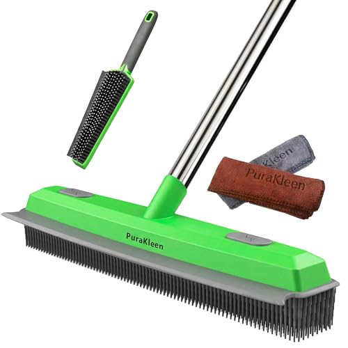 PuraKleen Rubber Broom for Pet Hair Gets What Your Vacuum Misses Non-Scratch Carpet Rake 24 -61 Adjustable Handle 4-in-1 (Squeegee+Pet Brush+2 Microfiber Cloth) Stairs Corners Rugs Hardwood Green