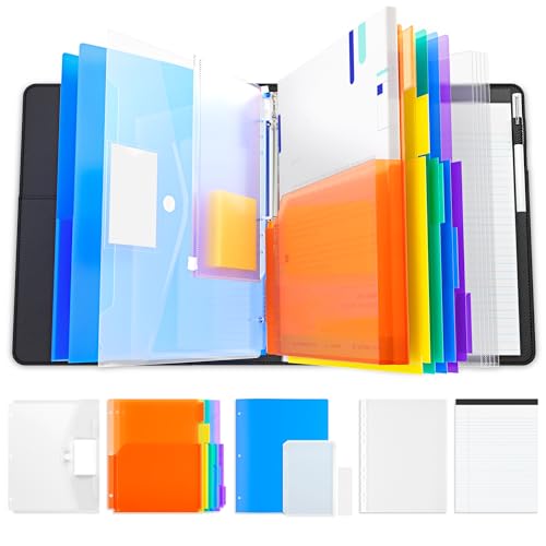 JoyCat 3 Ring Binder Clipboard with Storage 12.4x10.2Magnetic Clipboard Folder with 5 Expandable Folders Refillable Lined Notepad (11 x 8.5) Ideal for School Office Nursing(Black)