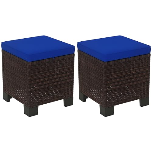 Outsunny 2 Pieces Outdoor Patio Ottomans, All Weather Wicker Outdoor Footstools with Removable Cushions, 3-in-1 PE Rattan Ottoman Seat, Footrest and Side Table for Backyard, Poolside, Dark Blue