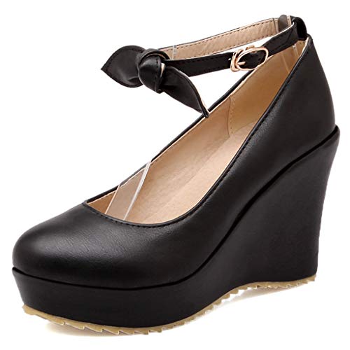 MIOKE Women's Fashion Wedge High Heel Mary Jane Pumps Round Toe Bowtie Ankle Strap Dress Wedding Shoes