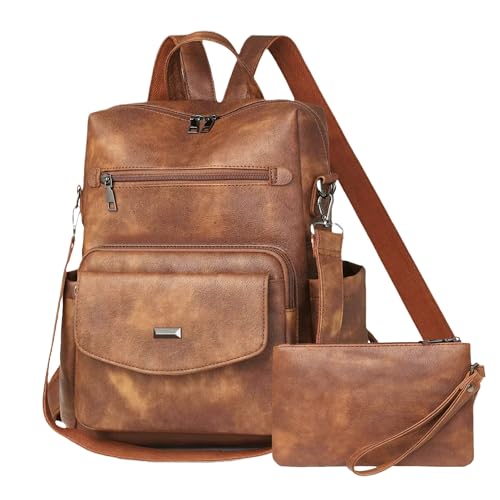 Dora & Liz Women's Leather Backpack Purse Fashion Travel Backpack Designer Convertible Shoulder Bag Work Handbag with Wristlet (Brown)