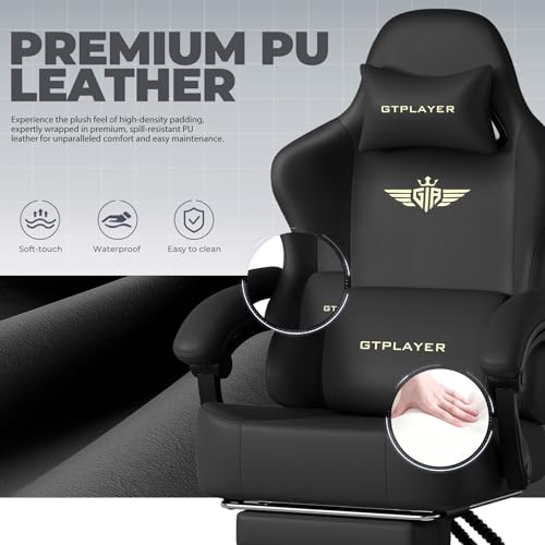 Image of GTPLAYER Big and Tall Gaming Chair 400lbs Heavy Duty Office Chair with Footrest, High Back Pocket Spring Ergonomic Computer Chair for Adults, Wide Cushion with Linkage Armrests,Leather Black-Massage