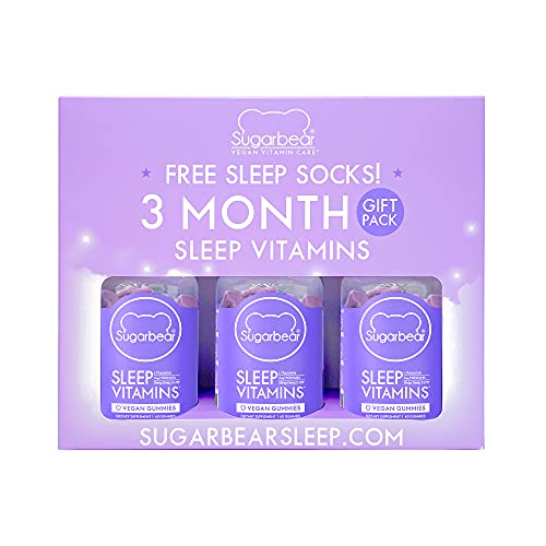 SugarBear Sleep Vitamins, Vegan Gummy Vitamins with Melatonin, 5-HTP, Magnesium, L-Theanine, Valerian Root, Lemon Balm (3 Month Supply + Sleep Socks)