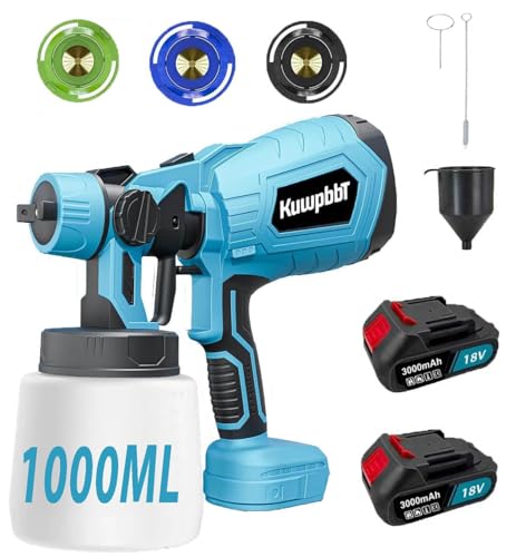 Akku spritzsystem, elektrische Sprühpistole mit 3 Düsen, 3 Sprühmuster, Abnehmbarer 1000 ml Lackbehälter, Spritzabstand 30-40 cm, Für Garten Zaun (2x3000mAh Akku und Ladegerät)