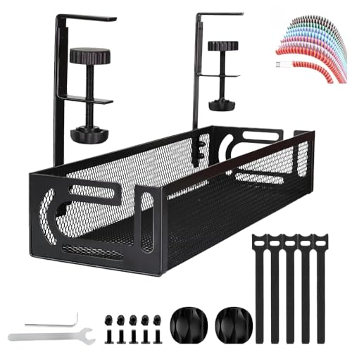 Image of Crysendo Under Desk Cable Management Tray | Mesh Desk Cord Organizer, Computer Cable Rack for Office | 15 inch Metal Cable Tray with Adjustable Clamp for Home (Black) (Free Spiral Included)