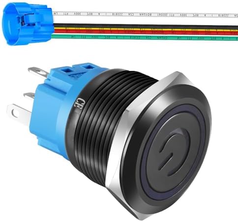 Gebildet 22mm Stainless Steel Latching Push Button Switch 110V-220V/5A Power Symbol LED 1NO1NC SPDT ON Off Waterproof Toggle Switch with Wire Socket Plug (Blue LED/Black Shell)